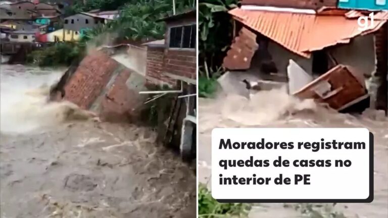 Vídeo: Casas caem em rio durante enxurrada em Pernambuco