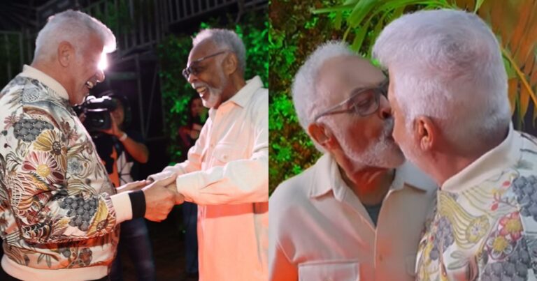 Gilberto Gil e Lulu Santos se beijam nos bastidores de festival no Rio e deixam fãs surpresos