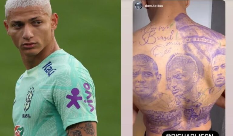 Richarlison tatua nas costas rostos de Ronaldo e Neymar e mensagem de Pelé; “Você fez o Brasil sorrir”