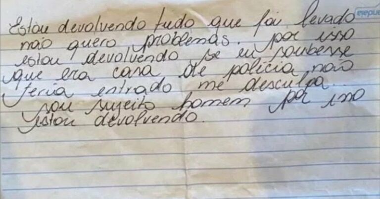 Ladrão furta casa de delegado e devolve itens com bilhete: “Me desculpa”
