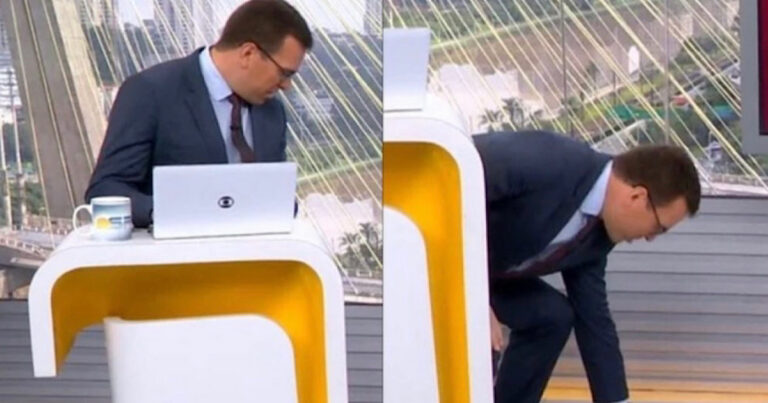 Rodrigo Bocardi comete gafe ao vivo e deixa latinha suspeita cair no chão: “Cerveja?”