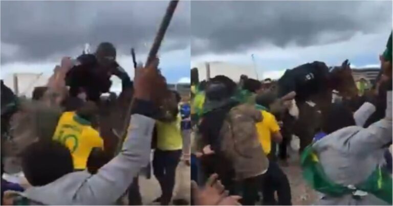 Bolsonaristas arrancam policial do cavalo e o agridem durante invasão no Distrito Federal