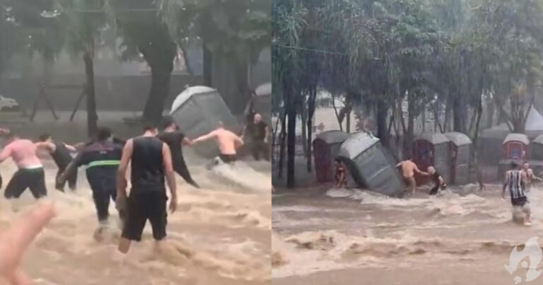 Temporal provoca enxurrada que arrasta foliões, banheiros públicos e desespero