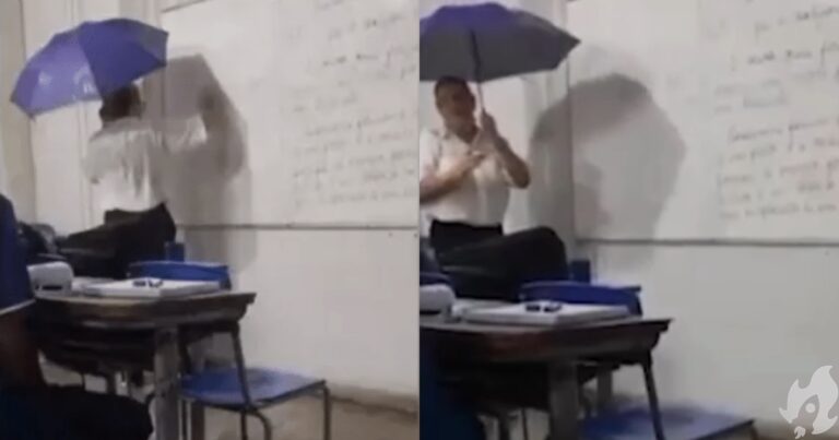 Professora usa guarda-chuva para dar aula debaixo de goteiras