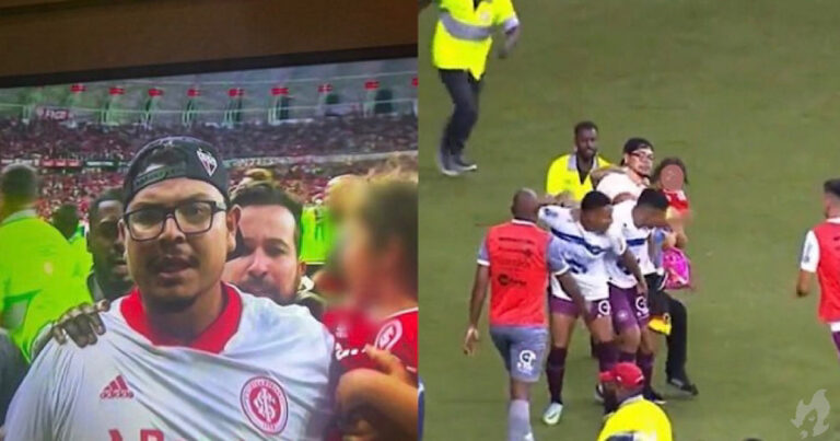 Torcedor invade campo com filha no colo e agride jogador adversário, vídeo causa revolta