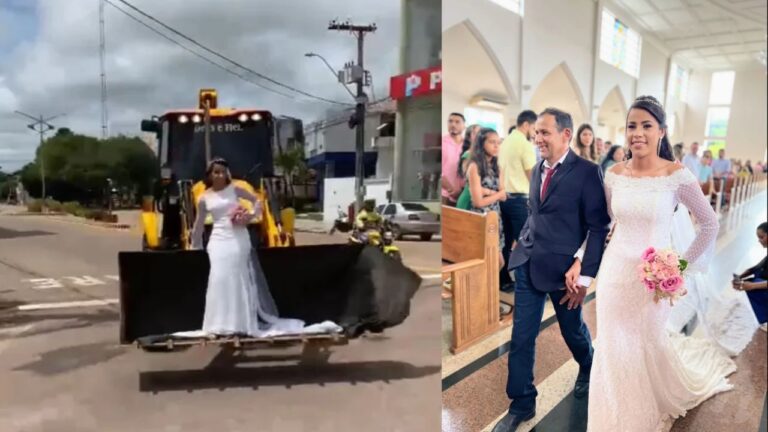 Noiva chega de retroescavadeira para casamento: ”Meu noivo ficou desesperado querendo sair da igreja”