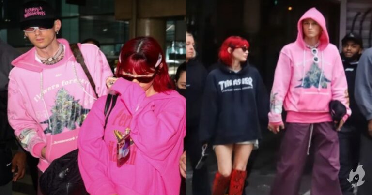 Megan Fox e Machine Gun Kelly são flagrados chegando em São Paulo com looks combinando