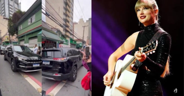 Fãs encaram chuva, frio e trânsito em São Paulo para ver Taylor Swift, que dá tchauzinho de dentro do carro