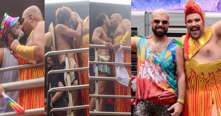Tiago Abravanel, após beijar foliões, posa com a mãe e marido no ‘Bloco do Abrava’