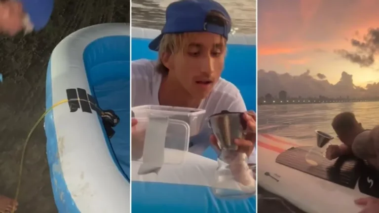 Surfistas tomam ‘café da manhã’ em piscina inflável no meio do mar; VÍDEO