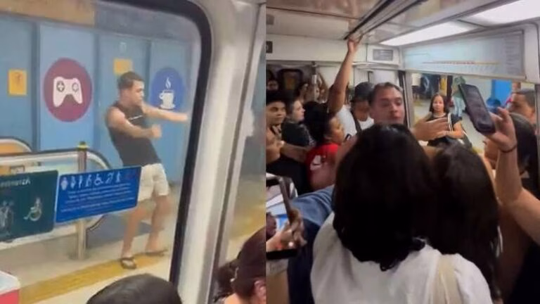 Homens fazem gestos obscenos e xingam mulheres após serem expulsos de vagão feminino do metrô do Rio