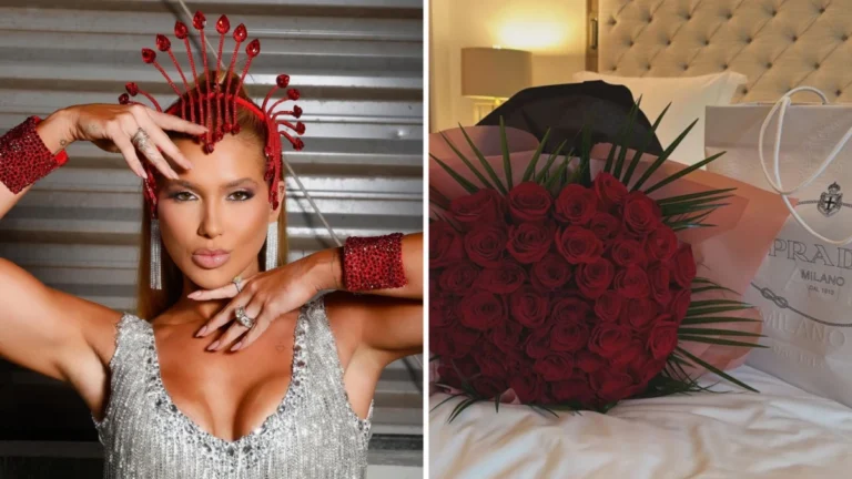 Virginia recebe buquê de rosas e bolsa de grife após desembarcar em Madrid