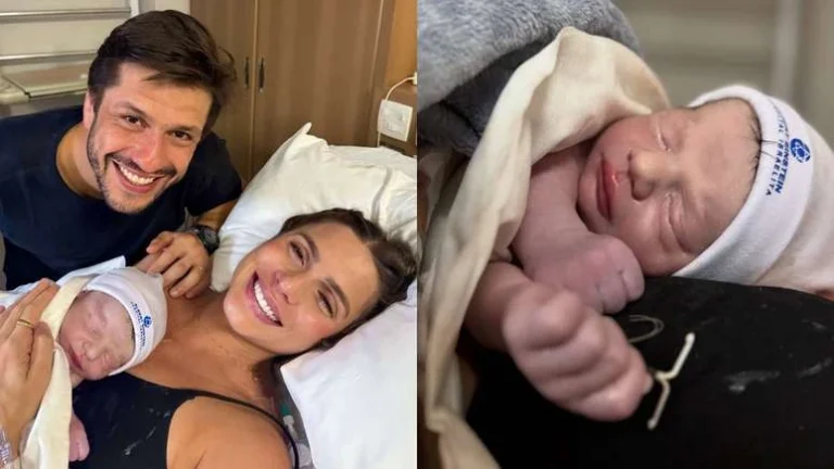 Bia Feres anuncia nascimento do terceiro filho e expõe foto do bebê com DIU na mão