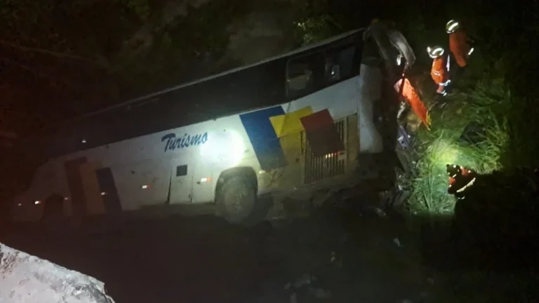 GO: Ônibus de viagem perde controle, sai da pista e cai em rio na BR-060