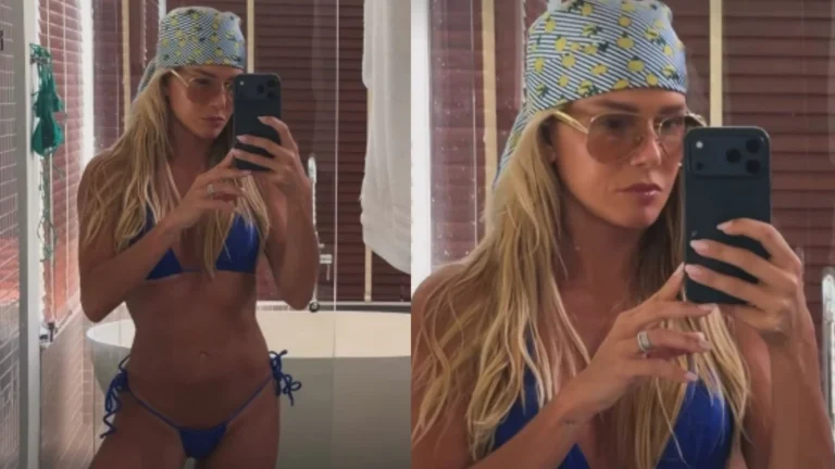 Deborah Secco exibe bronzeado ao posar de biquíni azul