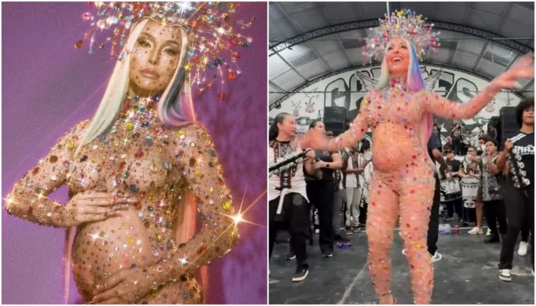 Grávida, Sabrina Sato samba com look cheio de pedras em ensaio da Gaviões