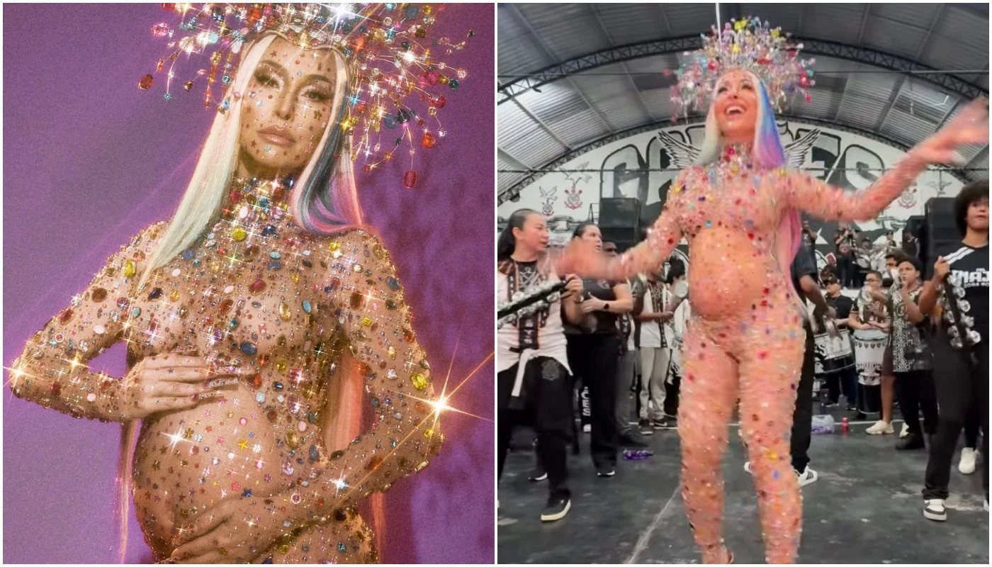 Grávida, Sabrina Sato samba com look cheio de pedras em ensaio da Gaviões