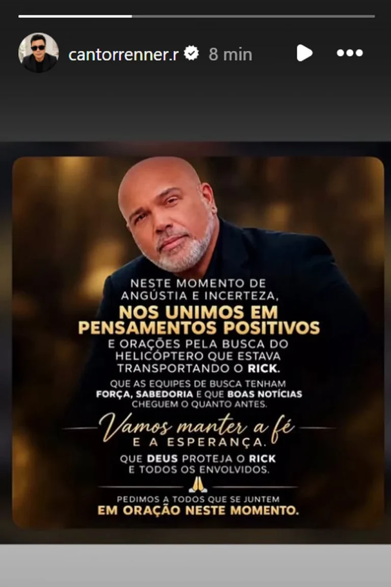 Renner, que faz dupla com Rick, pede orações pelas buscas de helicóptero desaparecido em Santa Catarina