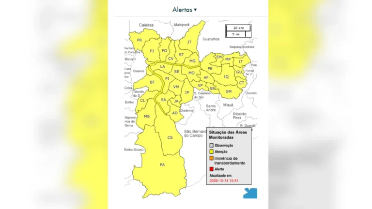 Chuva forte coloca cidade de São Paulo em alerta severo da Defesa Civil